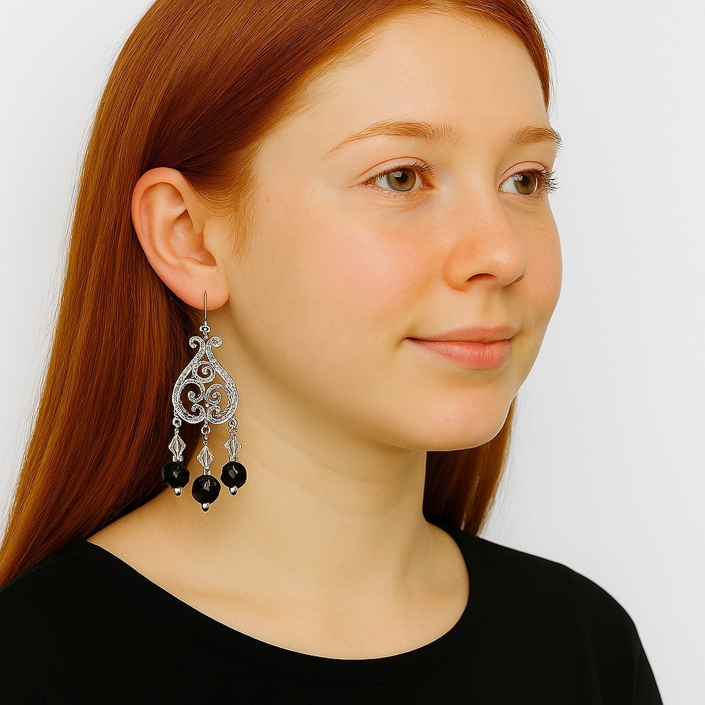 925 Sterling Silver Black Crystal Statement Chandelier Drop Earrings NEW
